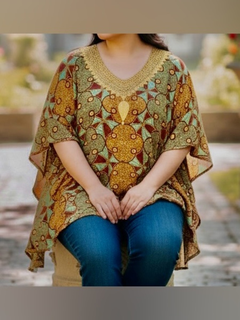 Boho Batwing Blouse Ankara Print Gold Embroidered Neck Poncho Top One Size
